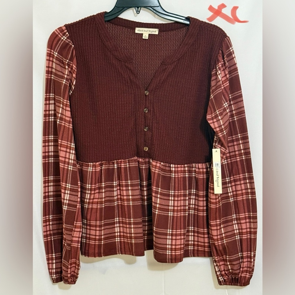 Red Peplum Blouse with Buttoned Front and Long Sleeves